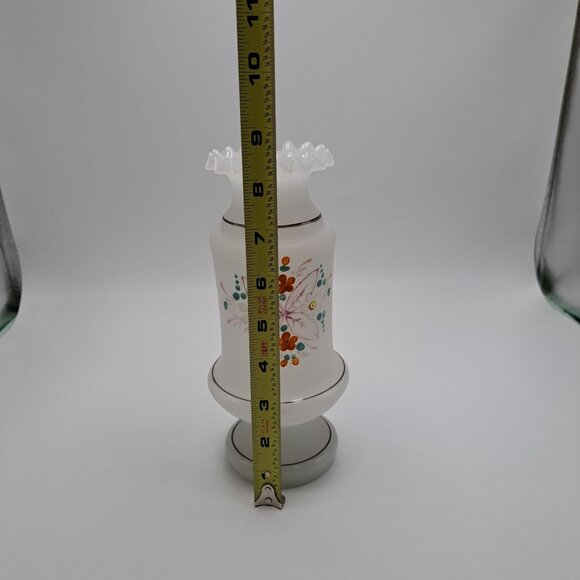 Vintage Hand-Painted Bristol Glass Vase With Ruffled Top & Floral Design - Picture 3 of 12